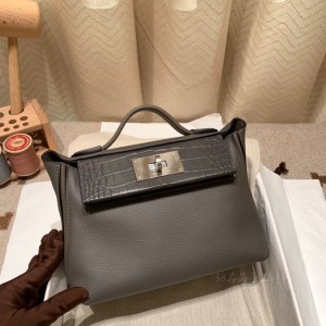 hermes kelly 2424 mini touch evercolor皮拼鳄鱼 8F锡器灰 银扣(爱马仕鳄鱼皮两点方块)