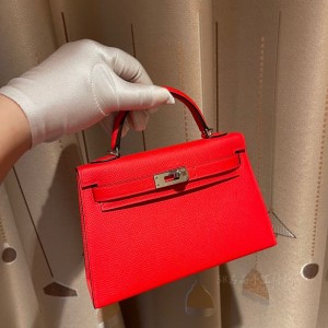 hermes mini kelly 19cm 二代 epsom皮 S3心红 银扣(hermes kelly pocket)