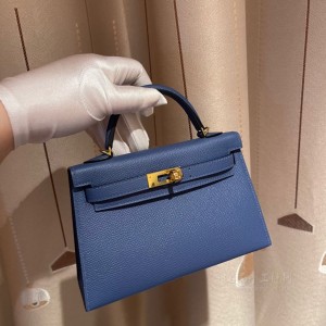 hermes mini kelly 19cm 二代 epsom皮 明蓝 金扣(hermes mini lindy)