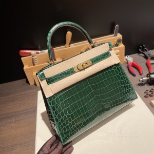 hermes kelly 28cm 凯莉包 尼罗鳄鱼皮nilo crocodile shiny亮面 67祖母绿 金扣