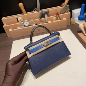 hermes mini kelly 19cm 二代 epsom皮 73宝石蓝拼71法国蓝89黑色 银扣(hermes verrou mini)