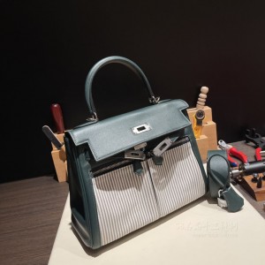 hermes kelly lakis 28cm swift皮拼帆布 2Q英国绿条纹(爱马仕birkin帆布包) 尺寸