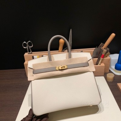 hermes birkin 25cm 铂金包 <strong>togo</strong>皮 10奶昔白拼M8沥青灰 金扣