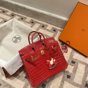 hermes birkin 25cm 铂金包 尼罗鳄鱼皮nilo crocodile shiny亮面 两点 法拉利红 金扣