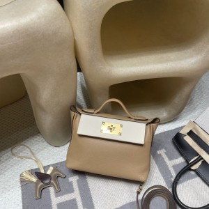 hermes kelly 2424 mini evercolor皮拼swift皮 0M玛萨拉茶色i2奶油白6C古铜 金扣