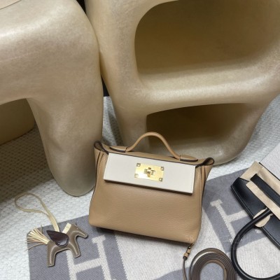 hermes kelly 2424 mini <strong>Evercolor</strong>皮拼swift皮 0M玛萨拉茶色i2奶油白6C古铜 金扣