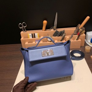 hermes kelly 2424 mini evercolor皮拼swift皮 7E明蓝 银扣(爱马仕拼皮)