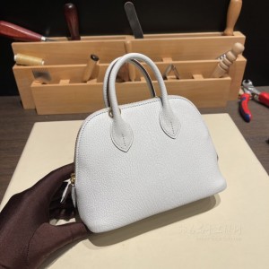 hermes bolide mini 18cm 保龄球 山羊皮Chevre T0雾霾蓝 金扣(爱马仕保龄球包最低价格)