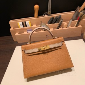 hermes mini kelly 19cm 二代 epsom皮 37金棕S2风衣灰 金扣(爱马仕birkin金棕色)