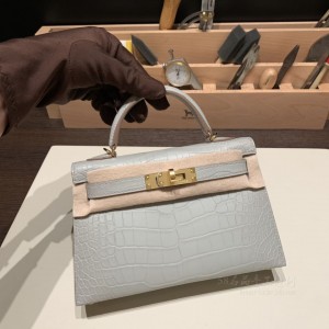 hermes mini kelly 19cm 二代 Alligator美洲鳄鱼皮 Matte雾面 80珍珠灰 金扣(爱马仕birkin25鳄鱼皮)