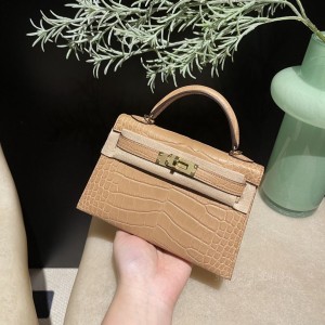 hermes mini kelly 19cm 二代 Alligator美洲鳄鱼皮 Matte雾面 方块0M玛萨拉茶色