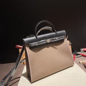 hermes herbag 31cm 帆布包 外缝 18大象灰拼89黑色(爱马仕女包大象灰图片)