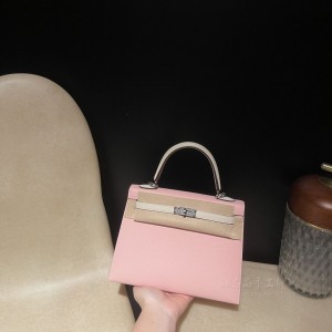 hermes kelly 25cm 凯莉包 epsom皮 3Q粉拼10奶昔白 银扣