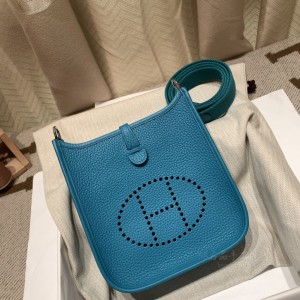 hermes Evelyne mini 16cm 伊芙琳TC Clemence皮 伊兹密尔蓝 银扣(hermes爱马仕evelyn伊芙琳mini女士女款单肩斜挎包)