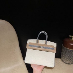 hermes birkin 25cm 铂金包 togo皮 01纯白拼J7亚麻蓝 银扣(hermes铂金包包)