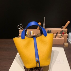 hermes picotin Lock 18cm 菜篮子 9D琥珀黄拼7T电光蓝 银扣(hermes菜篮子要配货吗)