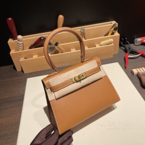 hermes mini kelly 20cm 凯莉大耳朵 epsom皮  37金棕 金扣(爱马仕凯莉包二代mini凯莉包) 高仿