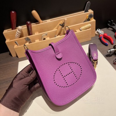 hermes Evelyne mini 16cm 伊芙琳TC Clemence皮 P9海葵紫 金扣(爱马仕伊芙琳皮质)