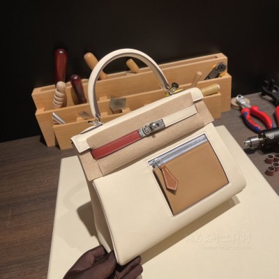 hermes kelly Colormatic 25cm <strong>Swift</strong>皮 限定六拼色 Natai2奶油白 银扣(hermes kelly dance) 尺寸