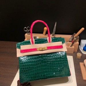 hermes birkin 30cm 铂金包 porosus湾鳄鱼皮 shiny亮面 67祖母绿拼E5 糖果粉(hermes蓝色鳄鱼铂金包)