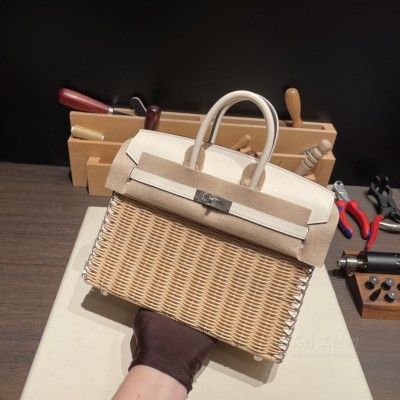 hermes birkin Picnic 25cm <strong>Swift</strong>皮编藤条 野餐包 i2奶油白 银扣1(爱马仕藤条包)
