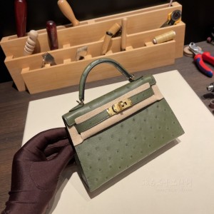 hermes mini kelly 19cm 二代 南非KK鸵鸟皮ostrich V6丛林绿 金扣