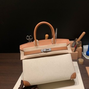 hermes birkin 30cm 铂金包 帆布拼jonathan皮 37金棕 银扣(hermes铂金包价格)