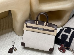 hermes birkin 25cm 铂金包 swift皮拼帆布 46乌木色(hermes铂金包都有什么尺寸)