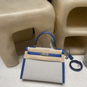 hermes kelly Toile swift皮拼帆布 限量款 28cm 71法国蓝 银扣(hermes帆布袋)