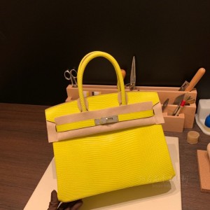 hermes birkin 30cm 铂金包 lizard蜥蜴皮 9L金丝雀黄 银扣(爱马仕铂金包金棕色多少钱)