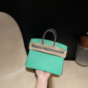 hermes birkin 25cm 铂金包 togo皮 0Z漫画绿拼0L积雨云灰 银扣(爱马仕铂金包开箱视频)