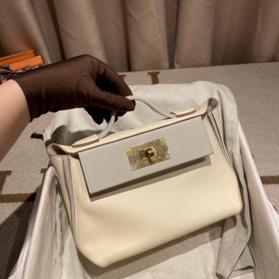 hermes kelly 2424 mini <strong>Evercolor</strong>皮拼swift皮 10奶昔白拼80珍珠灰 金扣(hermes clipper系列)