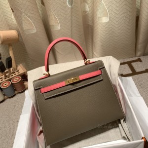 hermes kelly 25cm 凯莉包 epsom皮 拼色 18大象灰拼8W唇膏粉 金扣