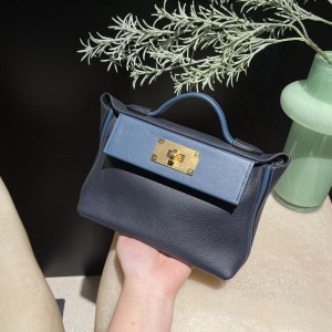 hermes kelly 2424 mini evercolor皮拼swift皮 2Z午夜蓝拼海军蓝 金扣