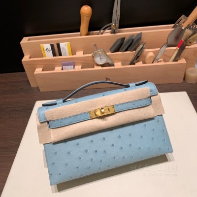 hermes mini kelly Pochette 21cm 一代 南非KK鸵鸟皮ostrich J7亚麻蓝 金扣 细节图