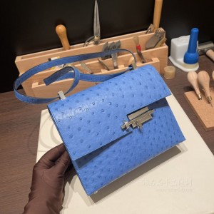 hermes verrou 21cm 插销手枪包 南非KK鸵鸟皮ostrich T7水妖蓝 银(爱马仕birkin30鸵鸟皮价钱)