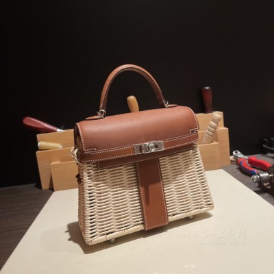 hermes kelly Picnic 野餐包 barenia马鞍皮编藤条 37金棕 银扣(爱马仕草编包) 高仿