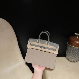 hermes birkin 25cm 铂金包 Grizzly麂皮拼swift皮 0L积雨云灰拼18大象灰(hermes铂金包包)