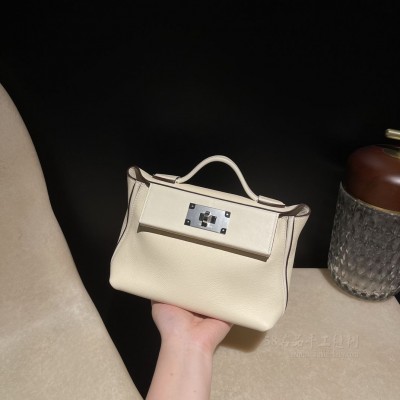 hermes kelly 2424 mini <strong>Evercolor</strong>皮拼swift皮 i2奶油白 银扣(hermes plume)