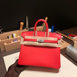 hermes birkin 25cm 铂金包 swift皮 S3心红 银扣(hermes铂金包包)