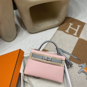 hermes mini kelly 19cm 二代 epsom皮 3Q粉 8U冰川蓝 银扣