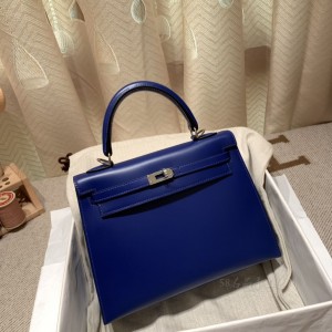 hermes kelly 25cm 凯莉包 box皮 7T电光蓝 银扣(爱马仕凯莉包二代mini凯莉包)