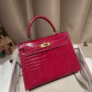 hermes kelly 28cm 凯莉包 porosus湾鳄鱼皮 shiny亮面 5J桃红 金扣(hermes 鳄鱼皮birkin)