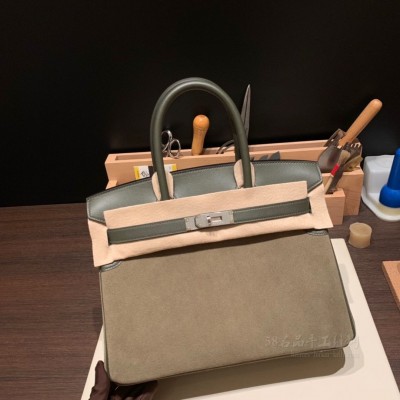 hermes birkin 30cm 铂金包 Grizzly麂皮拼<strong>Swift</strong>皮 军绿银扣(爱马仕birkin铂金包价格)