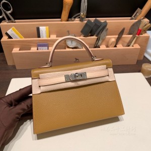 hermes mini kelly 19cm 二代 epsom皮 青铜色拼蔷薇粉 银扣