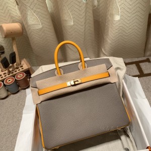 hermes birkin 25cm 铂金包 epsom皮 马蹄vip定制款 M8沥青灰拼9V太阳黄 拉丝金扣