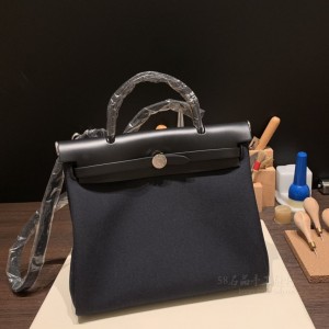 hermes herbag 31cm 帆布包 内缝 89黑色银扣