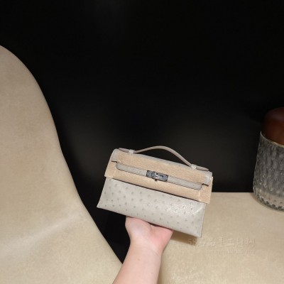 hermes mini kelly Pochette 21cm 一代 南非KK鸵鸟皮ostrich 80珍珠灰 银扣(鸵鸟皮爱马仕kelly) 官网