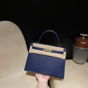 hermes kelly 28cm 凯莉包 南非KK鸵鸟皮ostrich 77鸢尾蓝 Bleu lris 金扣(爱马仕kelly鸵鸟皮蓝)