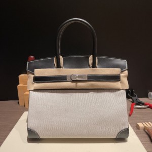 hermes birkin 30cm 铂金包 box皮拼帆布 89黑色 白线(爱马仕birkin铂金包)